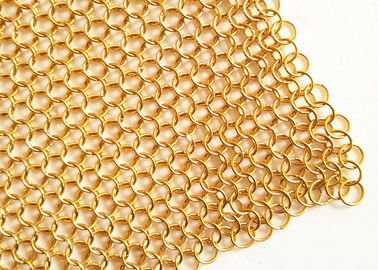 2MM Dia 20mm OD Golden Color Metal Ring Mesh Fabric For Hotel Metallic Curtain